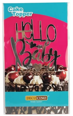 Cake Topper Hello Baby, Silber, Acryl, Ca. 11x20 Cm